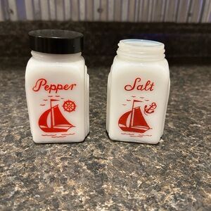Nautical Salt and Pepper Shaker Set - McKee milk glass Sailboat arch S&P Set